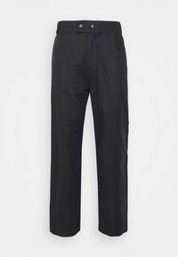 Pantalon noir à jambes droites avec une taille haute et une double fermeture à boutons, présenté sur un fond blanc uni.
