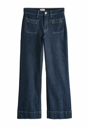 Sötétkék, széles szárú farmernadrág elülső zsebekkel, övbujtatókkal, gombos zárral és felhajtott szegélyekkel.