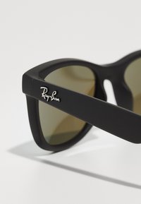 Must matte mustaga roheliste läätsedega. Ruudukujuline raam, millel on Ray-Ban logo poleeritud hõbedasena templil.