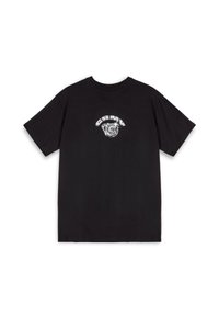 T-shirt nera in cotone con maniche corte, caratterizzata da un design grafico bianco sul davanti. Collo a giro, vestibilità comoda, texture morbida.
