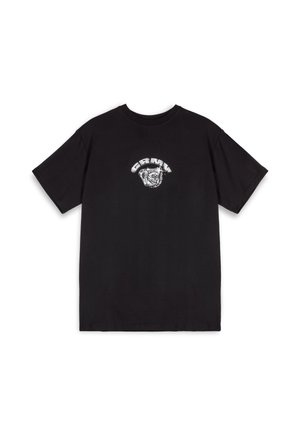 Camiseta de algodón negra de manga corta, con un diseño gráfico en la parte frontal en blanco. Cuello redondo, corte relajado, textura suave.