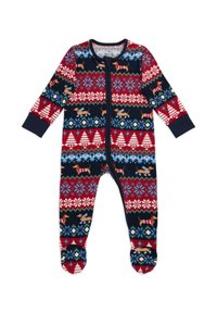 Červeno-námornický overal s dlouhým rukávem, zdobený svátečním vzorem s stromy, sněhovými vločkami a jezevčíky. Vyroben z měkkého materiálu se zipovým zapínáním.