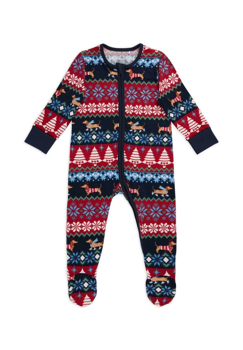 Červeno-námornický overal s dlouhým rukávem, zdobený svátečním vzorem s stromy, sněhovými vločkami a jezevčíky. Vyroben z měkkého materiálu se zipovým zapínáním.