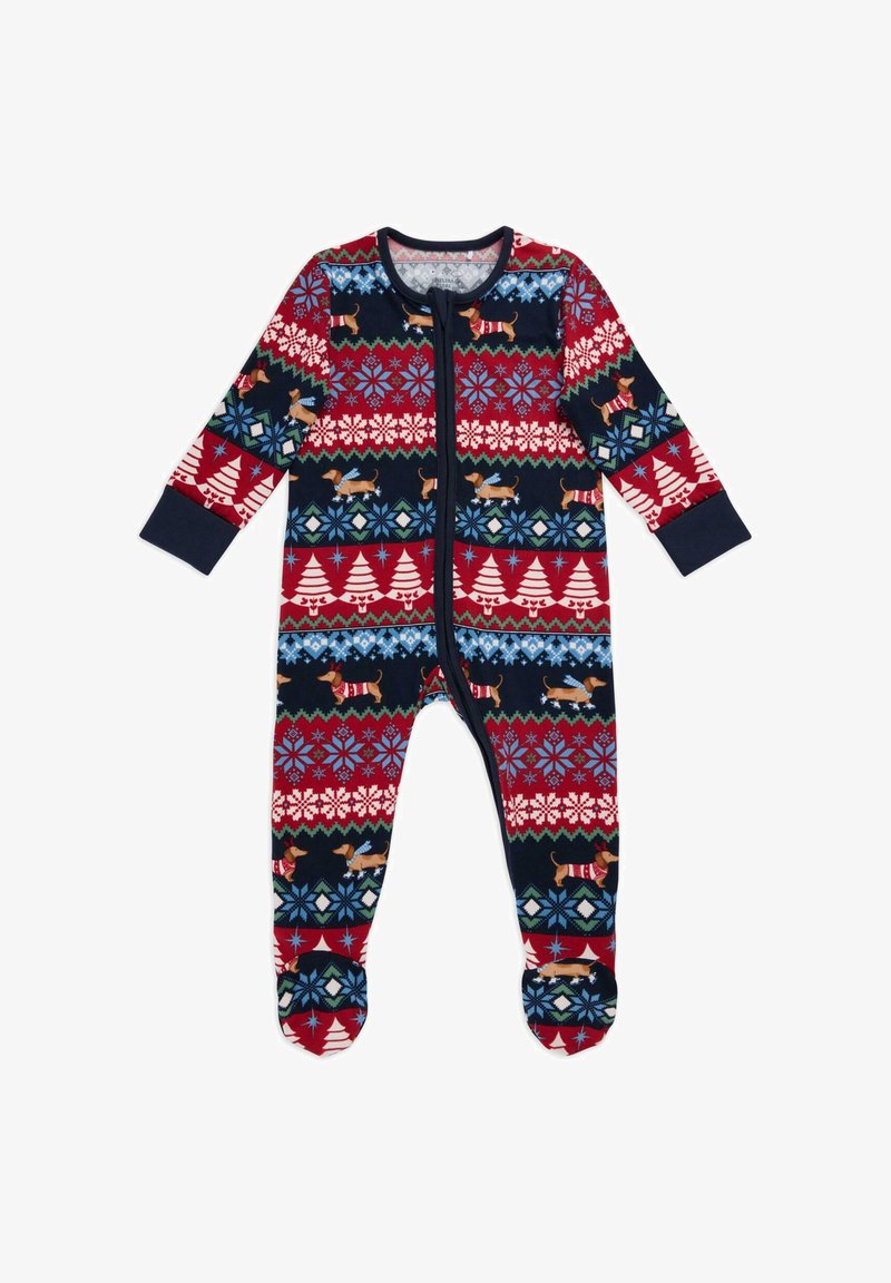 Röd och marinblå långärmad bodysuit med ett festligt mönster av träd, snöflingor och taxar. Tillverkad av mjukt tyg med dragkedja.