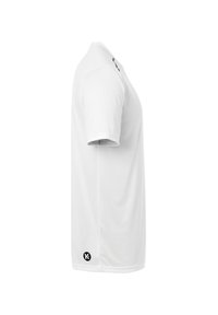 Witte korte mouwen t-shirt van zacht materiaal, met een ronde hals, een gladde textuur en een klein zwart logo aan de onderrand.