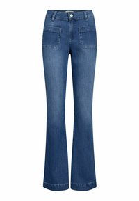 Blugi din denim de culoare albastră închisă, evazați, cu două buzunare frontale, talie ajustată și o textură netedă. Dublura este ușor mai lată pentru un aspect evazat.