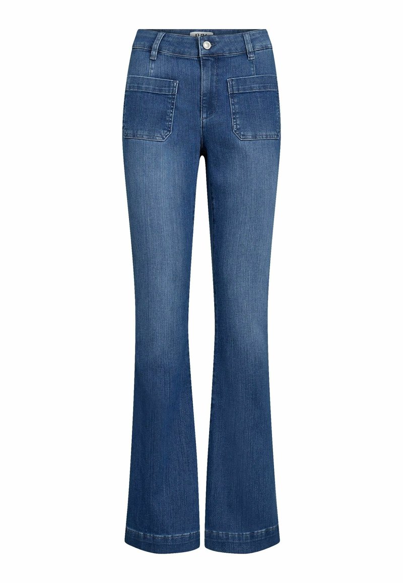 Blugi din denim de culoare albastră închisă, evazați, cu două buzunare frontale, talie ajustată și o textură netedă. Dublura este ușor mai lată pentru un aspect evazat.