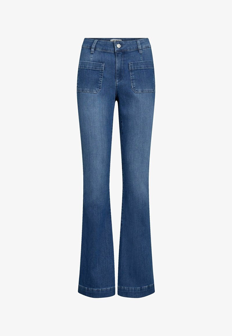 Ausgestellt geschnittene dunkelblaue Jeans aus Denim mit zwei Fronttaschen, einer taillierten Passform und einer glatten Textur. Der Saum ist leicht weiter geschnitten für einen ausgestellten Look.