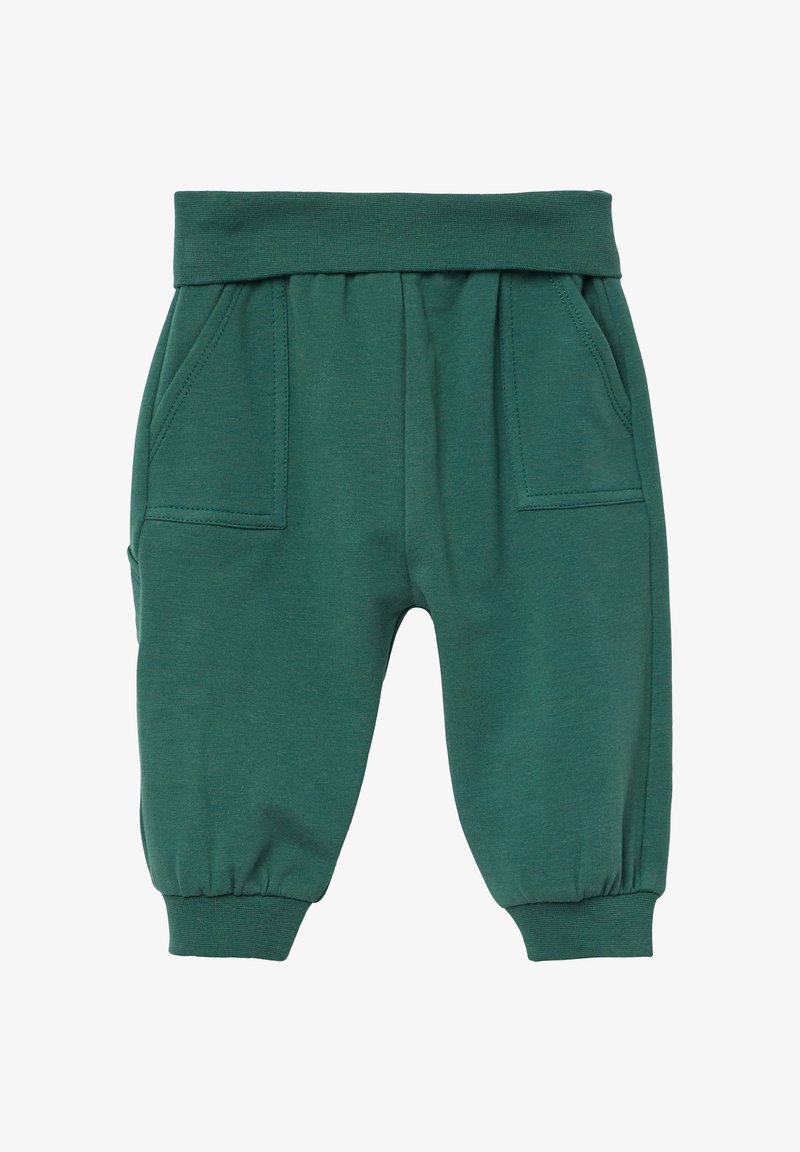 Zielone spodnie z bawełny z domieszką, z elastycznym pasem, bocznymi kieszeniami i elastycznymi mankietami. Gładka tekstura, casualowy tapered fason.