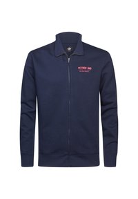 Mornarica zip-up majica iz kombinacije pamuka; ima visoki ovratnik, duge rukave i mali crveni logo na lijevoj strani prsnog dijela.