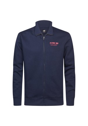 Felpa zip in cotone misto di colore blu navy; presenta un colletto alto, maniche lunghe e un piccolo logo rosso nell'area sinistra del petto.