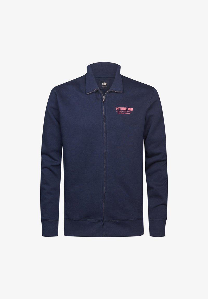 Sudadera con cremallera de color navy en mezcla de algodón; cuenta con un cuello alto, mangas largas y un pequeño logo rojo en el área del pecho izquierdo.