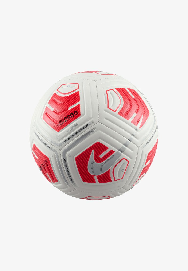 Ballon de football blanc avec des motifs géométriques rouges et un logo Nike swoosh gris sur fond blanc.