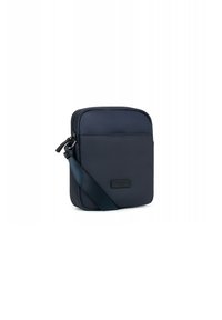 Borsa a tracolla rettangolare blu navy realizzata in tessuto testurizzato. Presenta una tasca con zip frontale e una tracolla regolabile con gancio in metallo.