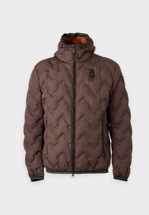 Un mannequin homme se tient devant un fond blanc uni, vêtu d’une veste matelassée marron à capuche, d’un pull couleur beige, d’un jean bleu clair et de chaussures noires.