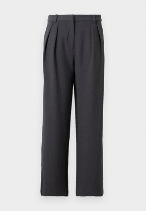 Gray straight-leg trousers with a flat-front design, side pleats, and belt loops. Fabric has a smooth texture, suitable for formal wear.