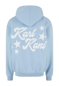 Helle blaue Kapuzenjacke mit großem weißen "Karl Kani"-Logo und Sternen-Grafiken. Verfügt über eine Kordelzugkapuze und gerippte Bündchen sowie Saum.