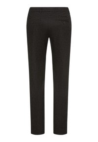 Pantalon sur mesure gris foncé vu de dos avec passants pour ceinture et deux poches passepoilées boutonnées.
