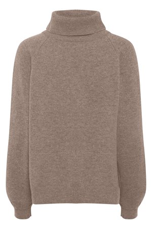 Sweater en tricot brun avec un col roulé haut, des manches raglan et des poignets côtelés. Texture douce avec une coupe décontractée. Pas de motifs ou d'accents visibles.