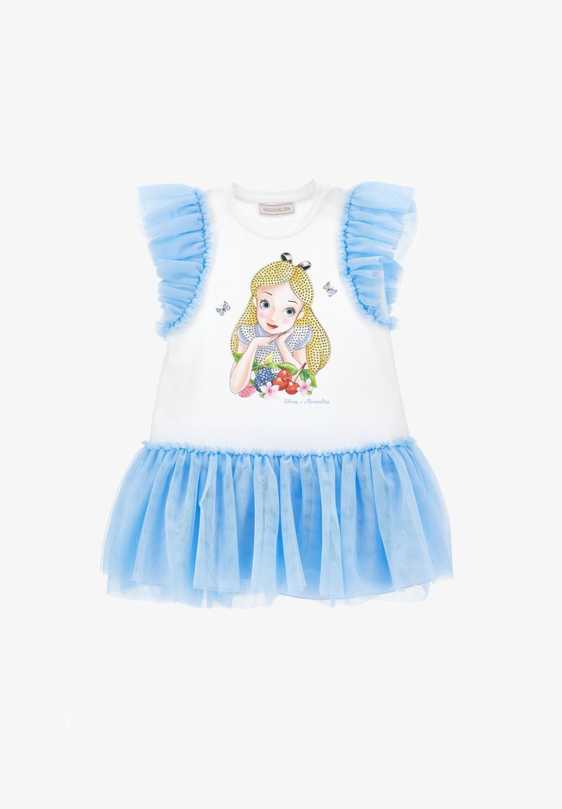 Robe blanche avec des manches volantées bleues et un ourlet, avec un personnage de dessin animé représentant une fille blonde, des papillons et des fleurs colorées à l'avant.