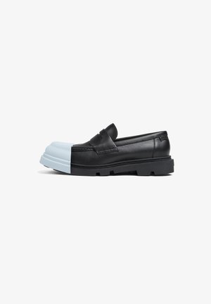 Black leather loafers with a light blue rubber toe cap, featuring a strap detail and rugged black outsole for traction.