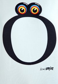 Gestileerde zwarte pinguioutline met grote, kleurrijke ogen op een lichte achtergrond, gesigneerd "hermes FRITZ" in de rechteronderhoek.