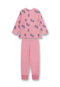 Roze pyjama set met een lange mouw top met ronde halslijn en gegolfde zoom, en bijpassende broek met elastische tailleband, versierd met een kersenpatroon.