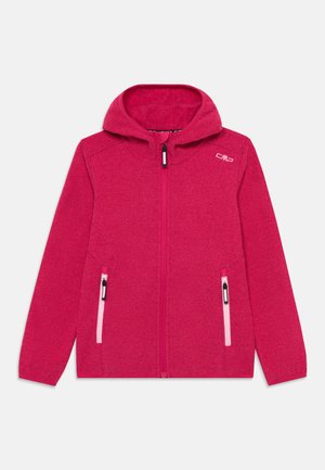 Sweatshirt de fleece em rosa brilhante com um tecido texturizado, fecho frontal e dois bolsos laterais. Apresenta uma capucha forrada e detalhe do logótipo no peito.