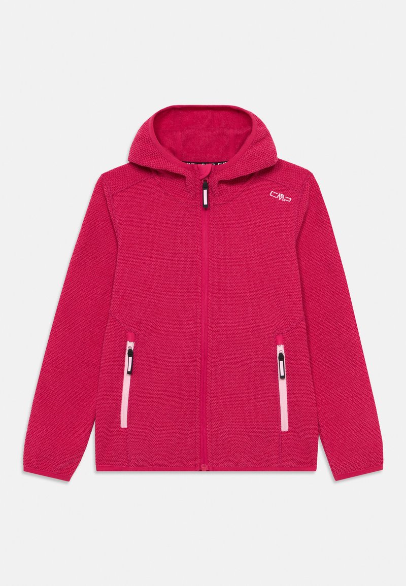 Fleece'owa bluza z kapturem w jasnym różowym kolorze, z teksturowanym materiałem, zamek błyskawiczny z przodu i dwiema bocznymi kieszeniami. Posiada podszewkę w kapturze oraz detal z logo na klatce piersiowej.