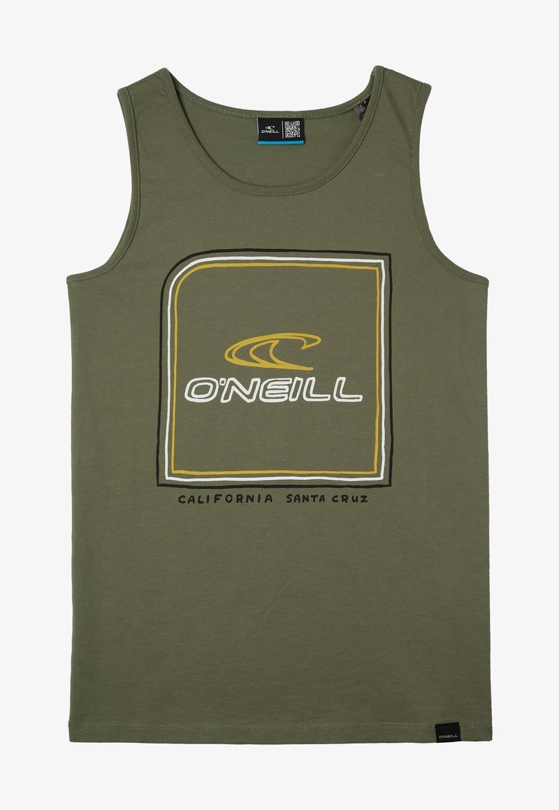 Débardeur sans manches vert olive avec logo O'Neill et texte California Santa Cruz dans un cadre carré sur le devant.