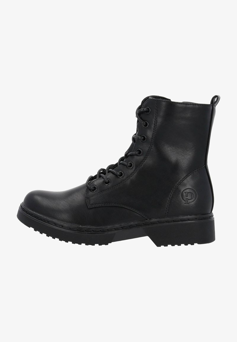 Bottine noire en cuir à lacets avec semelle épaisse et logo circulaire embossé sur le côté du talon.
