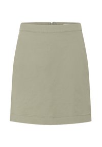 Jupe en coton vert olive à coupe droite, texture lisse, fermeture éclair au dos et bords ourlés, adaptée pour un usage décontracté.