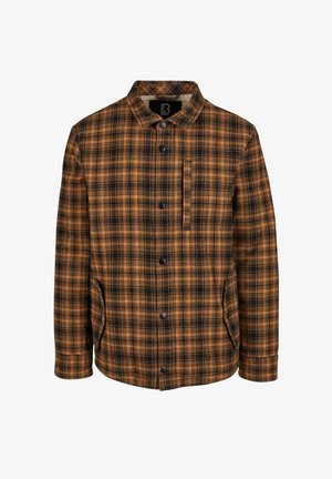 Károvaná bunda v oranžových a čiernych tónoch, so zapínaním na gombíky, dvoma bočnými vreckami a jedným vreckom na hrudi. Textúrovaná tkanina.