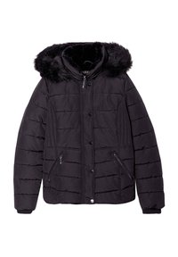 Giacca invernale nera trapuntata con chiusura a zip e bottoni, tasche Laterali con zip e cappuccio bordato in pelliccia sintetica.