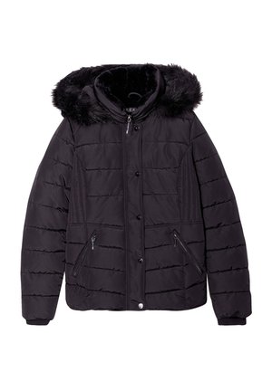 Zwarte gewatteerde winterjas met rits- en knoopsluiting, ritssluiting zijzakken en een capuchon afgewerkt met nepbont.