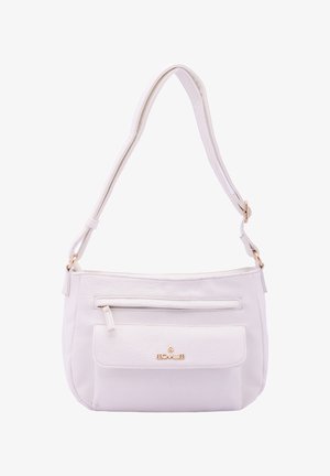 Sac bandoulière en cuir blanc avec une finition texturée, bandoulière ajustable, poche zippée à l'avant et accents en métal doré.