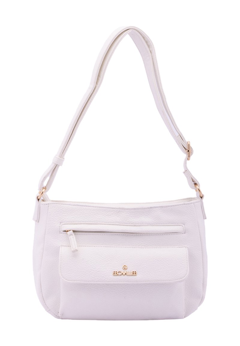 Borsa a tracolla bianca in pelle con finitura testurizzata, tracolla regolabile, tasca frontale con zip e dettagli in metallo dorato.