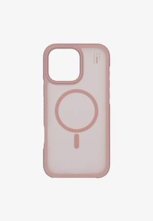 Custodia per telefono morbida di colore rosa tenue e trasparente, con un anello magnetico circolare e un ritaglio per la fotocamera, etichettata "Ideal of Sweden" vicino all'angolo in alto a destra.