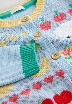 Pastelfarvet blå strikket cardigan med flerfarvede frugtmønstre, gul ribstrikket krave, grønne manchetter og træknapper. Blød tekstur.