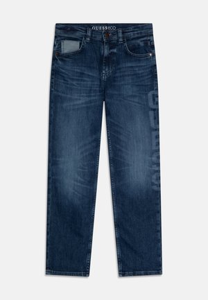 Dunkelblaue Jeans mit einem ausgewaschenen Finish, featuring einem auffälligen Logo-Print am Bein, traditionellen Taschen und einem geraden Bein.