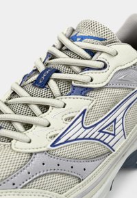 Light gray running shoe featuring mesh material, blue accents, and a distinctive logo. It has a cushioned sole and textured overlays.