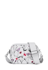 Kabelka přes tělo vyrobená z bílého syntetického materiálu s květinovými vzory v růžové a fialové barvě. Součástí jsou stříbrné kovové doplňky a nastavitelné rameno.