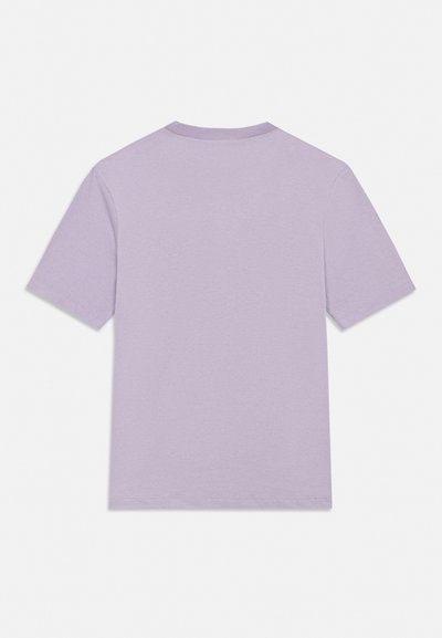 Plain light purple short-sleeve t-shirt shown from the back with a round neckline on a white background.
