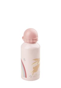 Pink children's water bottle with a dome cap, decorated with a running bunny, rainbow, and small plants.