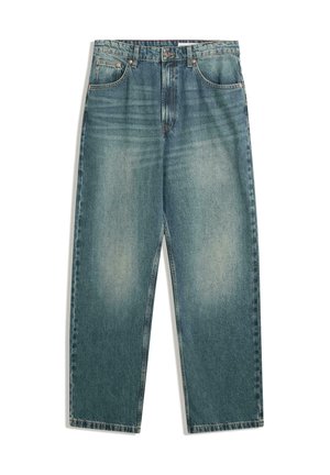 Lys blå denim jeans med høj talje, vide ben og subtilt slid; har fem lommer og metal knapdetaljer.