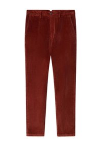 Pantalones de pana en un rico color óxido, con un diseño de pierna recta, bolsillos frontales y un cierre de botón en la cintura.