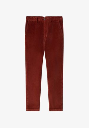 Pantaloni di velluto a coste in un ricco colore ruggine, con un design a gamba dritta, tasche frontali e un singolo bottone di chiusura in vita.