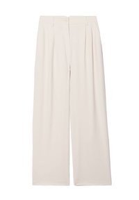 Pantalons à jambes larges de couleur crème clair, présentant une texture lisse, des plis sur le devant et une fermeture à bouton à la taille.