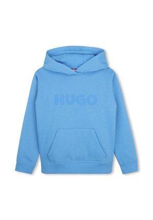 Lichtblauwe hoodie met voorzak en een verdiept "HUGO" logo op de borst, lange mouwen en een capuchon.