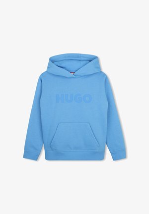 Sweat à capuche bleu clair avec poche kangourou à l'avant et logo embossé "HUGO" sur la poitrine, manches longues et capuche.